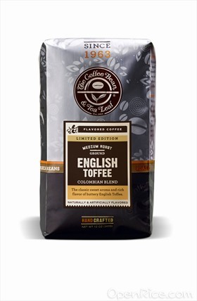The Coffee Bean & Tea Leaf, limited edition, handcrafted, English Toffee Coffee, Colombian Blend, medium roasted, Arabica coffee beans